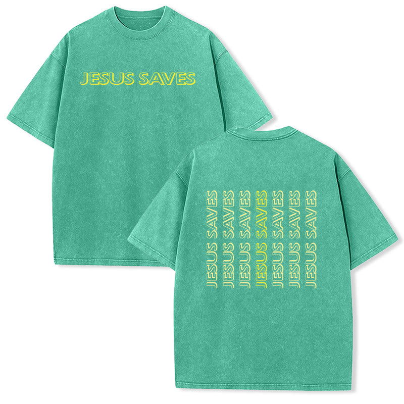 Christianartworkshop T-shirt unisexe délavé « Jésus sauve » (texte répété) - Vert - 5XL - image 9