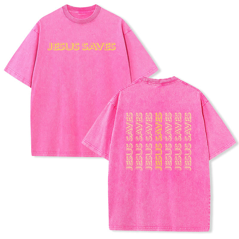 Christianartworkshop T-shirt unisexe délavé « Jésus sauve » (texte répété) - Rose - 5XL - image 24