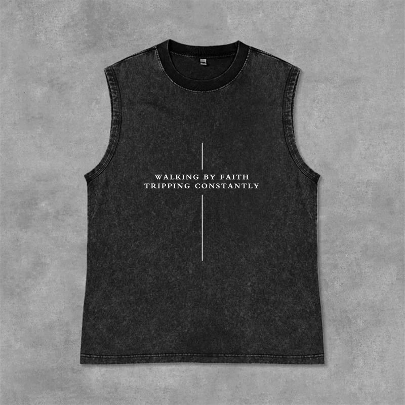 Christianartworkshop Débardeur unisexe lavé « Marcher par la foi, trébucher constamment » - Noir - 2XL - image 3