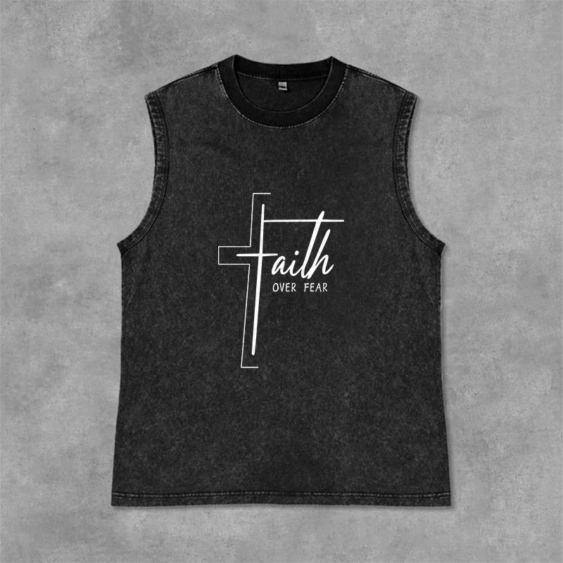 Christianartworkshop Débardeur unisexe lavé avec inscription manuscrite « La foi plutôt que la peur » - Noir - 2XL - image 3