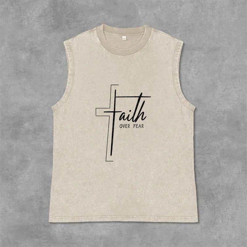 Christianartworkshop Débardeur unisexe lavé avec inscription manuscrite « La foi plutôt que la peur » - Beige - 2XL - image 9