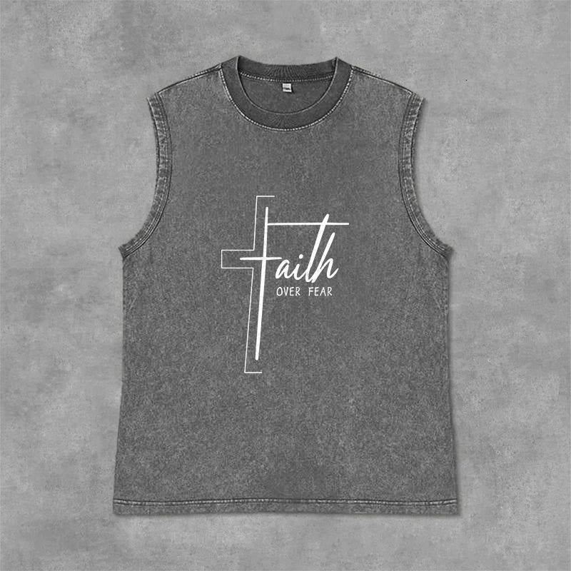 Christianartworkshop Débardeur unisexe lavé avec inscription manuscrite « La foi plutôt que la peur » - Gris - 2XL - image 0