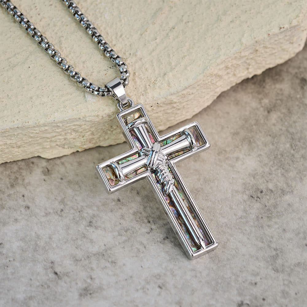 Christianartworkshop Collier croix en nacre d'ormeau incrustée : un symbole de l'amour sacrificiel du Christ - image 2