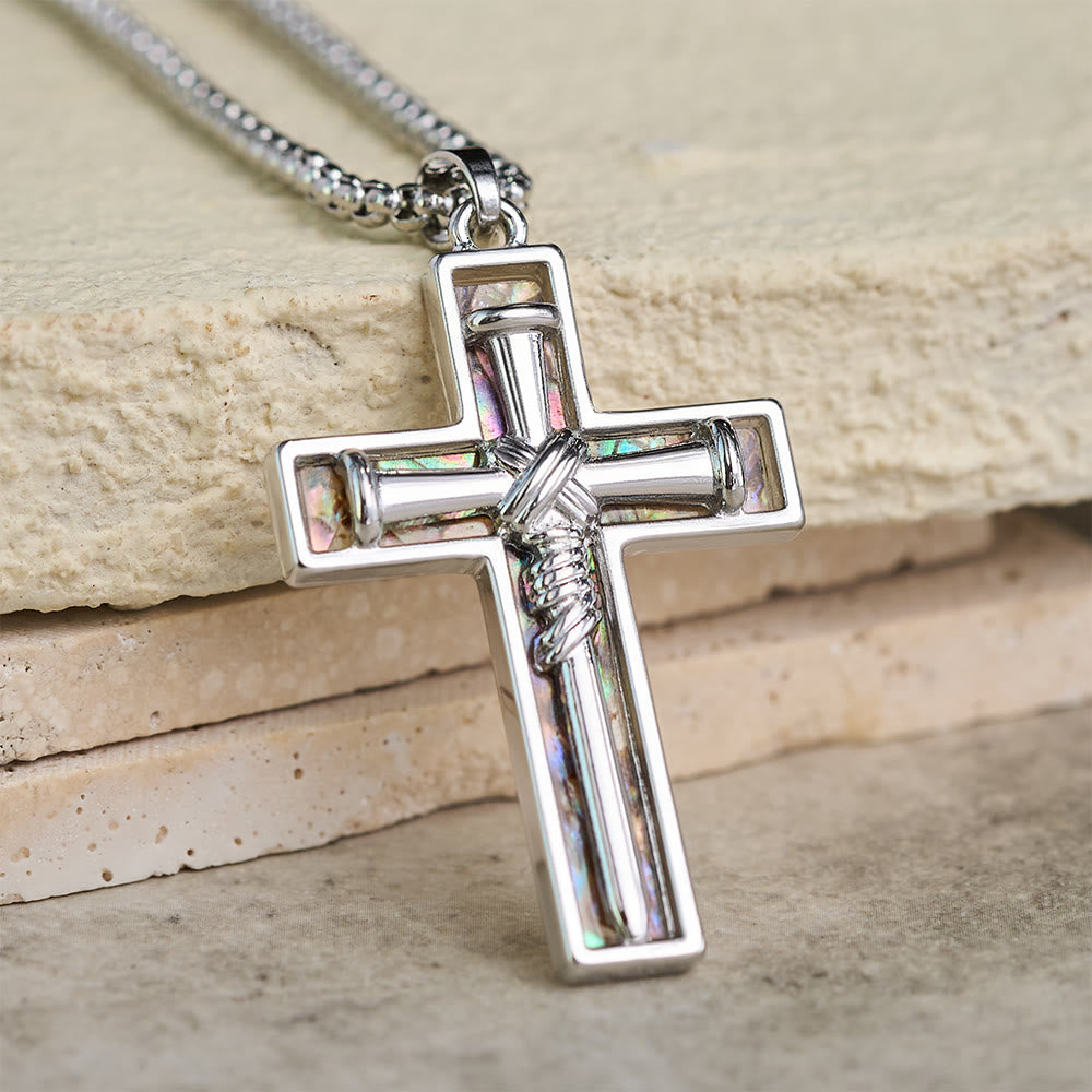 Christianartworkshop Collier croix en nacre d'ormeau incrustée : un symbole de l'amour sacrificiel du Christ - Blanc - image 0