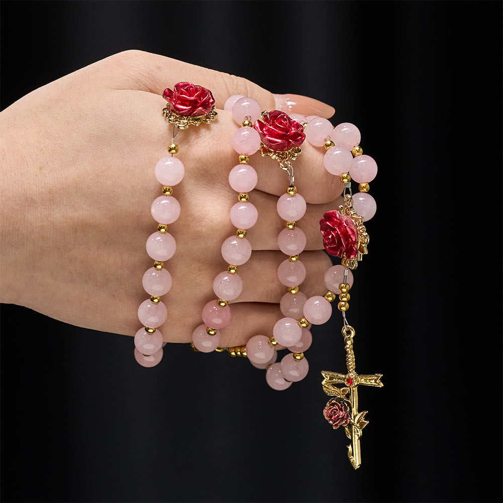 Christianartworkshop Chapelet en quartz rose orné de roses en émail : un symbole de foi et d'amour inconditionnel - image 1