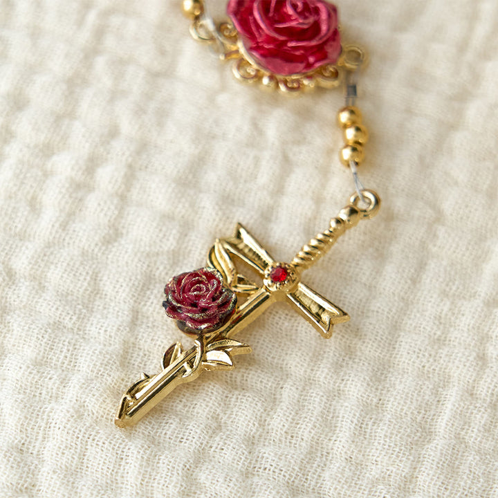 Christianartworkshop Chapelet en quartz rose orné de roses en émail : un symbole de foi et d'amour inconditionnel - image 5