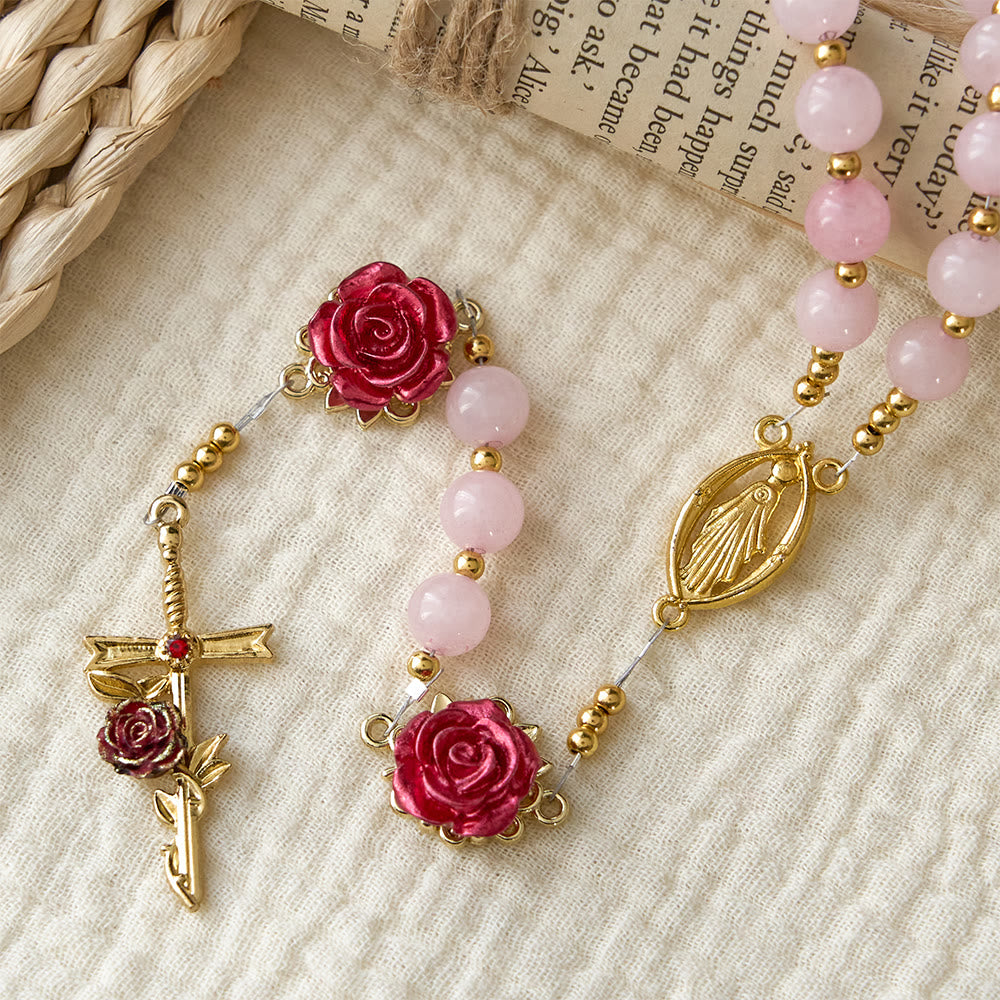 Christianartworkshop Chapelet en quartz rose orné de roses en émail : un symbole de foi et d'amour inconditionnel - image 4