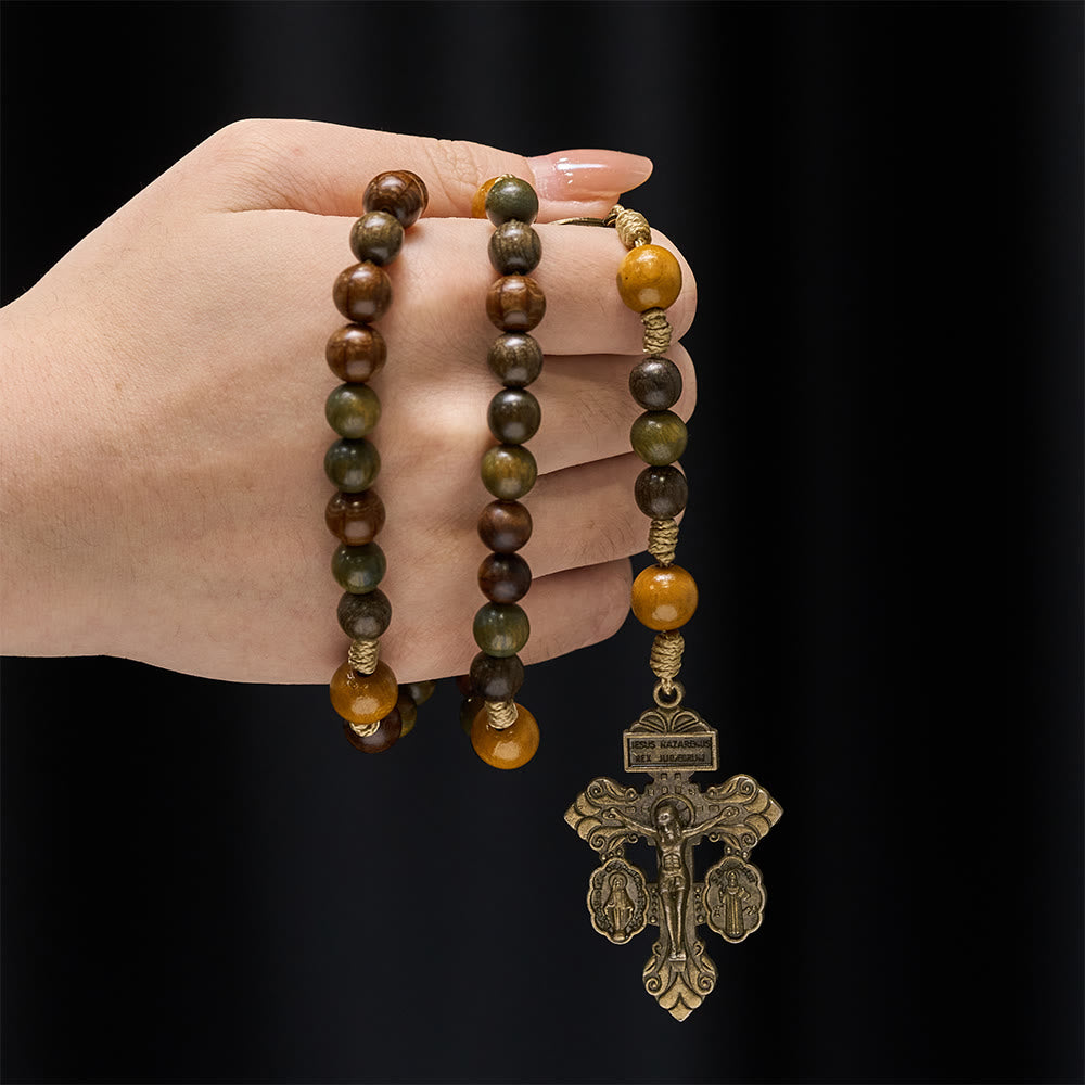 Christianartworkshop Chapelet en perles de bois de santal avec saint Benoît et crucifix : médaillon en bronze - image 1