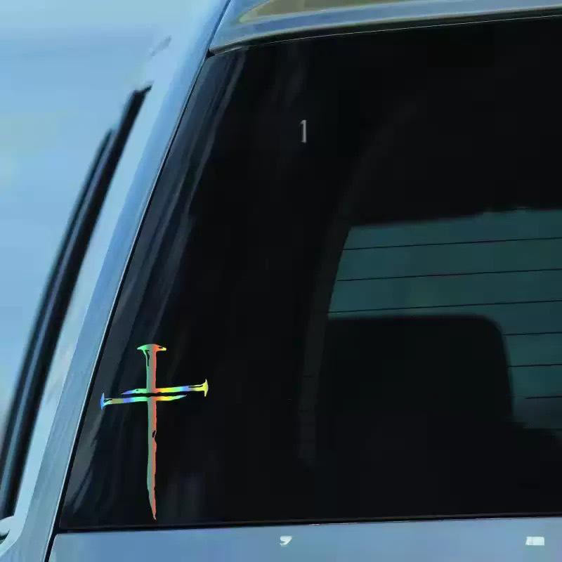Christianartworkshop Autocollant en vinyle à motif croix vieillie : résistant aux intempéries, pour vitre de voiture - Laser arc-en-ciel - image 6