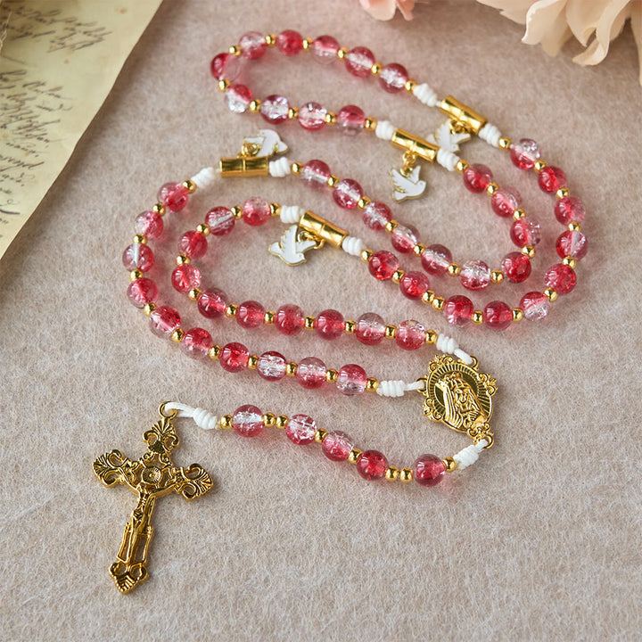 Christianartworkshop Chapelet de Notre-Dame avec colombe du Saint-Esprit et perles de verre rouge : incarne l’amour sacré et une dévotion vibrante - image 3