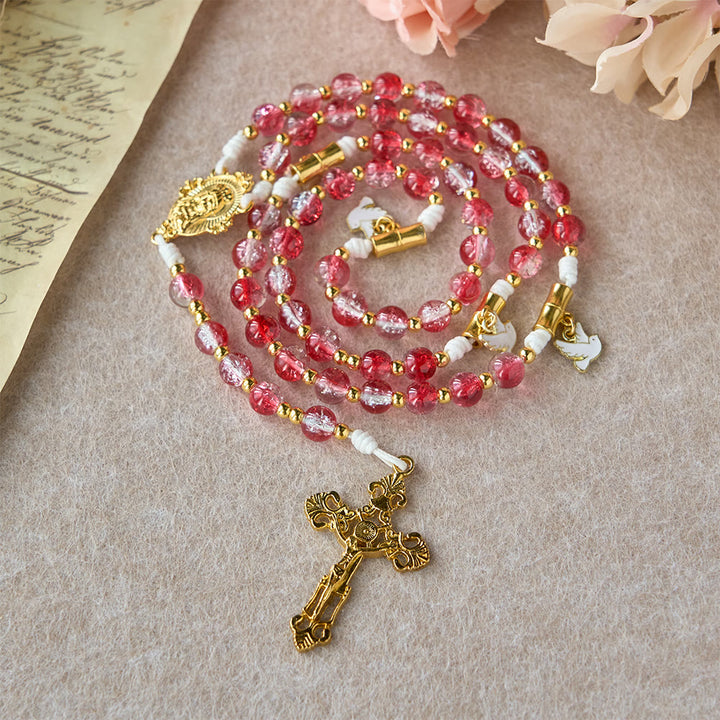 Christianartworkshop Chapelet de Notre-Dame avec colombe du Saint-Esprit et perles de verre rouge : incarne l’amour sacré et une dévotion vibrante - image 5