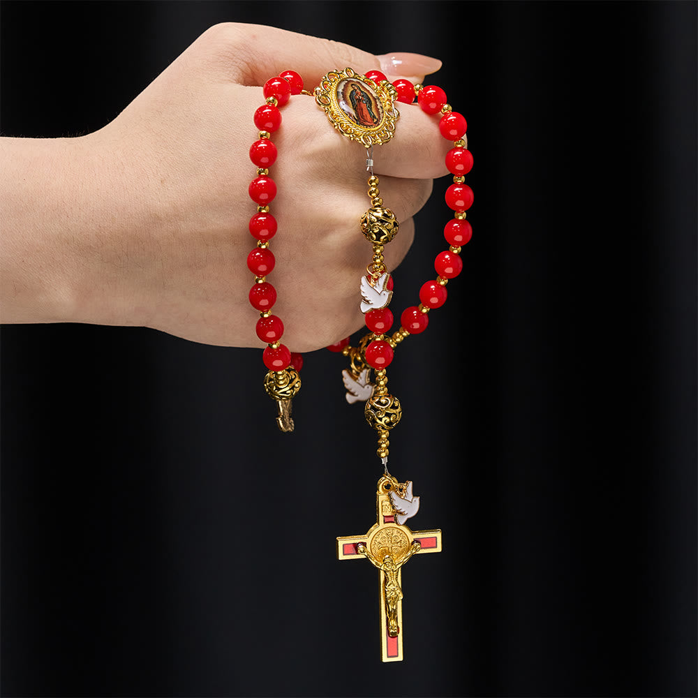 Christianartworkshop Chapelet de la Colombe du Saint-Esprit : Grains rouges et crucifix doré pour la prière et la dévotion - image 1