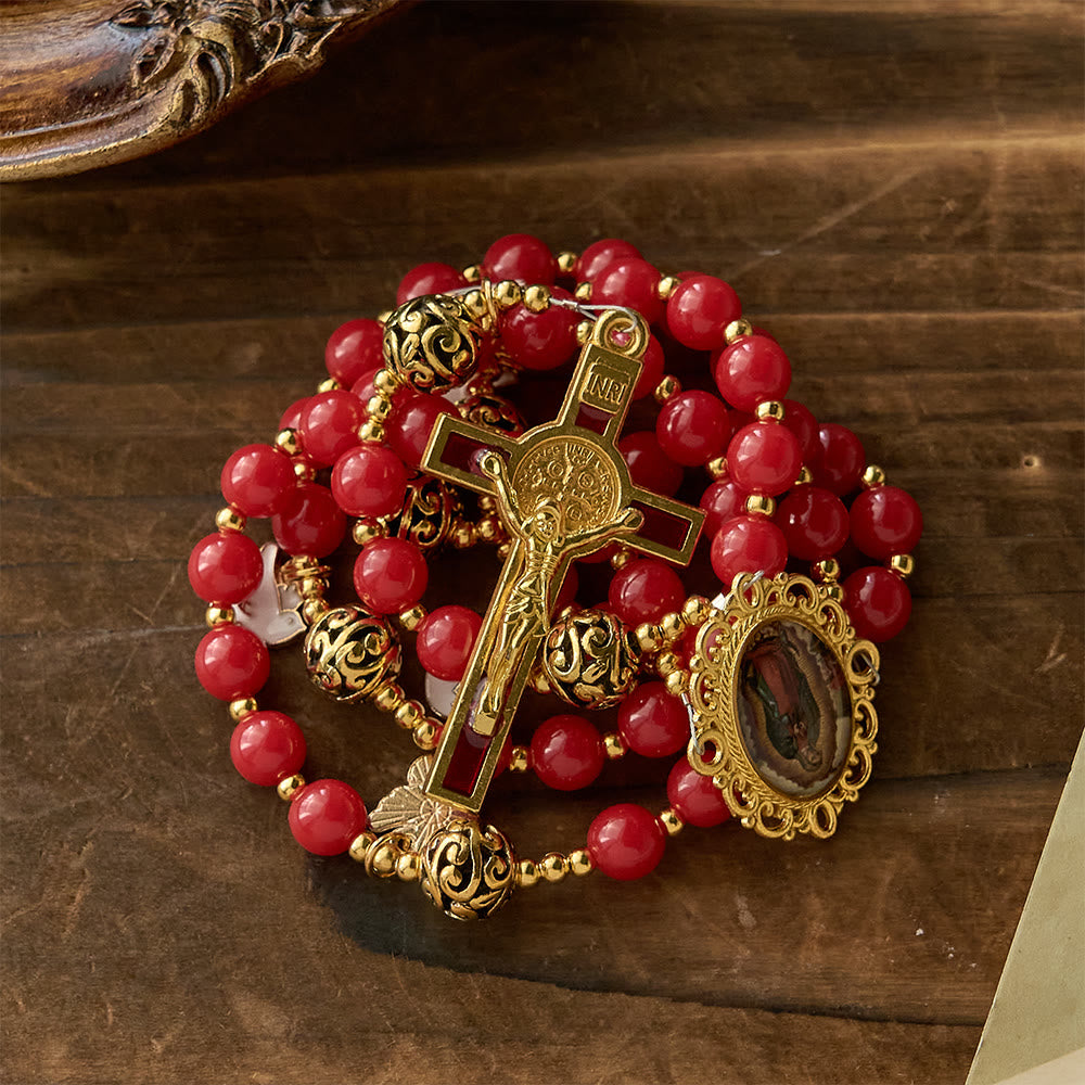 Christianartworkshop Chapelet de la Colombe du Saint-Esprit : Grains rouges et crucifix doré pour la prière et la dévotion - image 3
