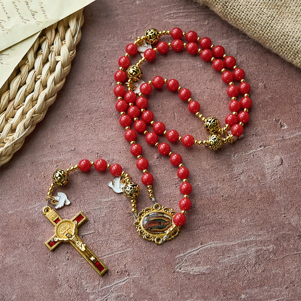 Christianartworkshop Chapelet de la Colombe du Saint-Esprit : Grains rouges et crucifix doré pour la prière et la dévotion - Notre-Dame et le Crucifix - image 0