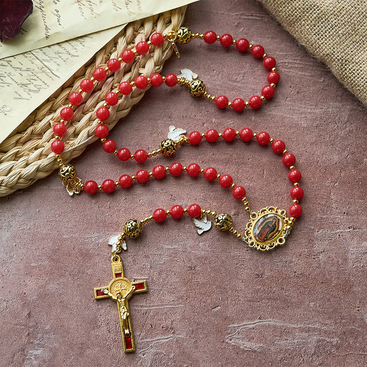 Christianartworkshop Chapelet de la Colombe du Saint-Esprit : Grains rouges et crucifix doré pour la prière et la dévotion - image 2