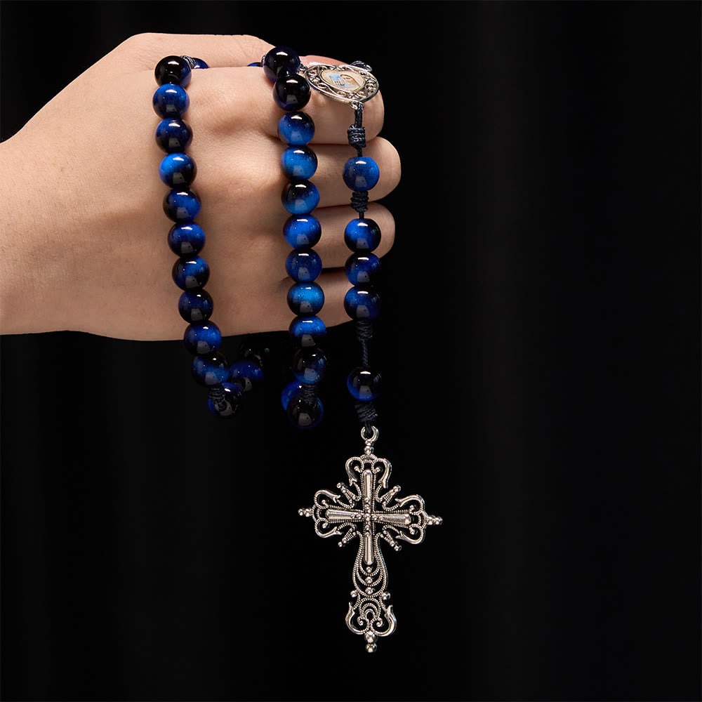 Christianartworkshop Chapelet œil de tigre bleu avec crucifix argenté : un symbole de la force inébranlable de Dieu - image 1