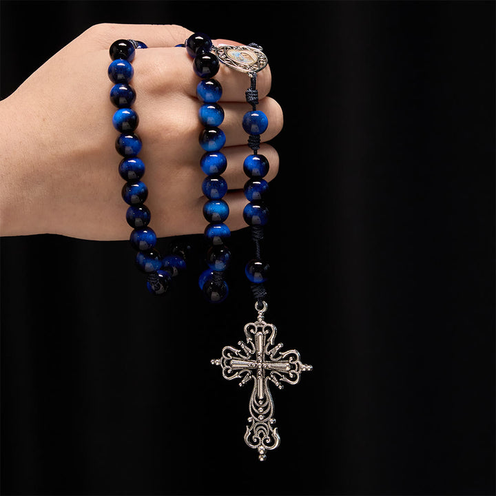Christianartworkshop Chapelet œil de tigre bleu avec crucifix argenté : un symbole de la force inébranlable de Dieu - image 1