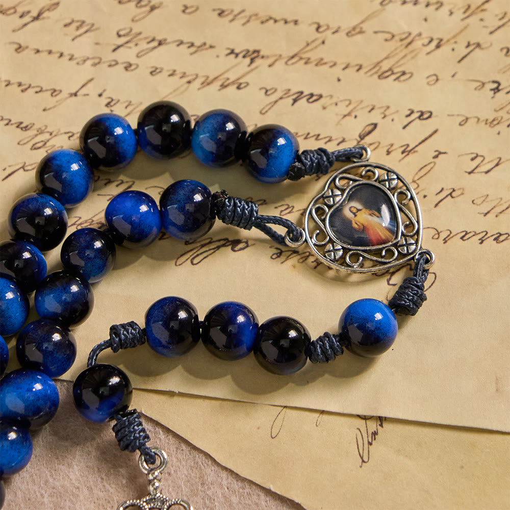 Christianartworkshop Chapelet œil de tigre bleu avec crucifix argenté : un symbole de la force inébranlable de Dieu - image 6
