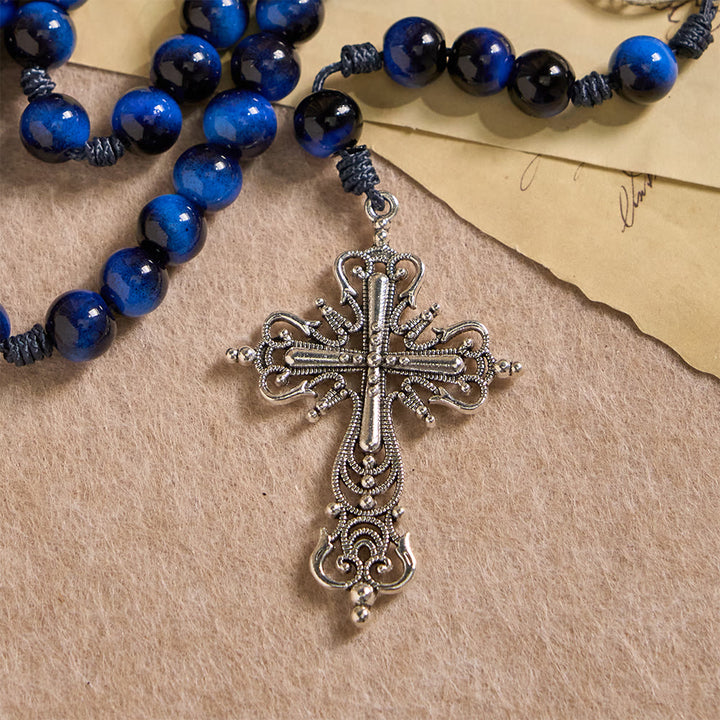 Christianartworkshop Chapelet œil de tigre bleu avec crucifix argenté : un symbole de la force inébranlable de Dieu - image 8