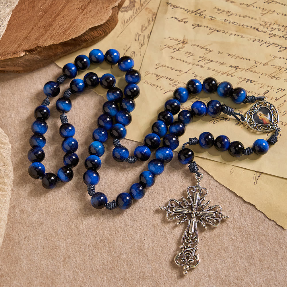 Christianartworkshop Chapelet œil de tigre bleu avec crucifix argenté : un symbole de la force inébranlable de Dieu - image 2