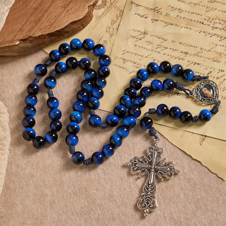 Christianartworkshop Chapelet œil de tigre bleu avec crucifix argenté : un symbole de la force inébranlable de Dieu - image 2