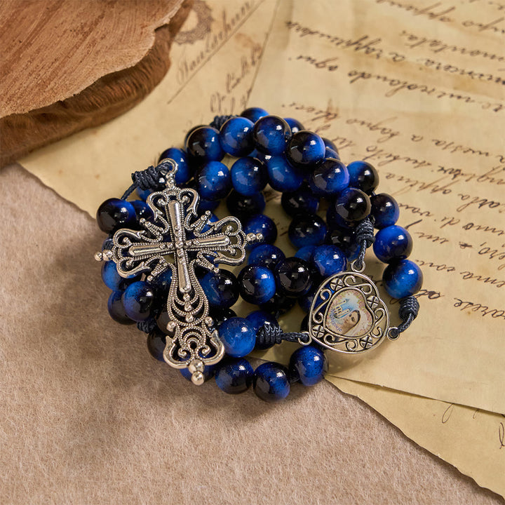 Christianartworkshop Chapelet œil de tigre bleu avec crucifix argenté : un symbole de la force inébranlable de Dieu - image 5