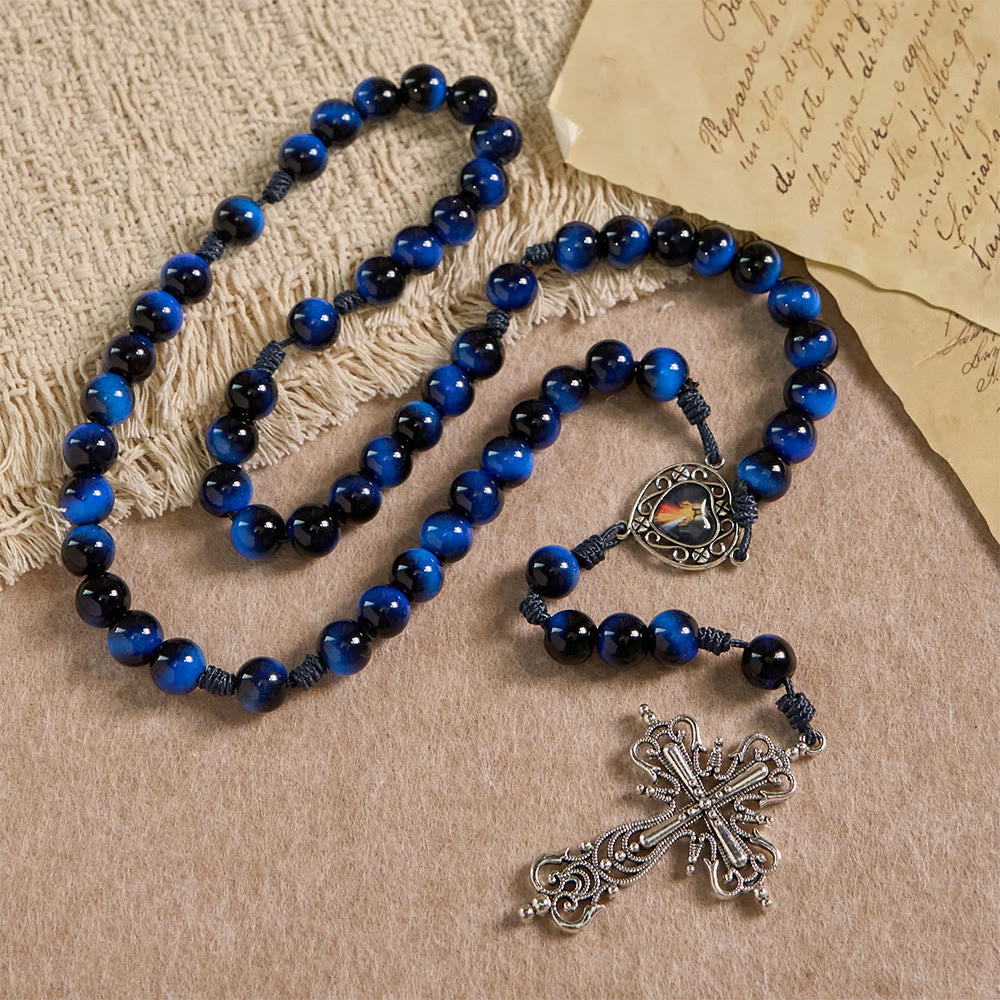 Christianartworkshop Chapelet œil de tigre bleu avec crucifix argenté : un symbole de la force inébranlable de Dieu - Chapelet œil de tigre bleu - image 0