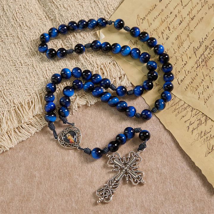 Christianartworkshop Chapelet œil de tigre bleu avec crucifix argenté : un symbole de la force inébranlable de Dieu - image 3