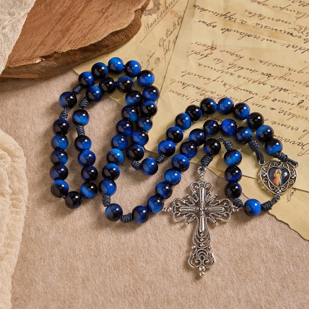 Christianartworkshop Chapelet œil de tigre bleu avec crucifix argenté : un symbole de la force inébranlable de Dieu - image 4