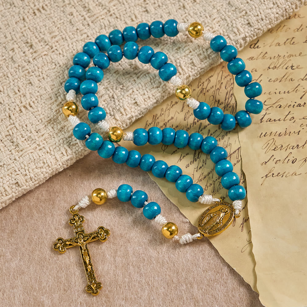 Christianartworkshop Chapelet en bois bleu avec médaillon de Notre-Dame : un symbole de grâce et de foi divine - image 2