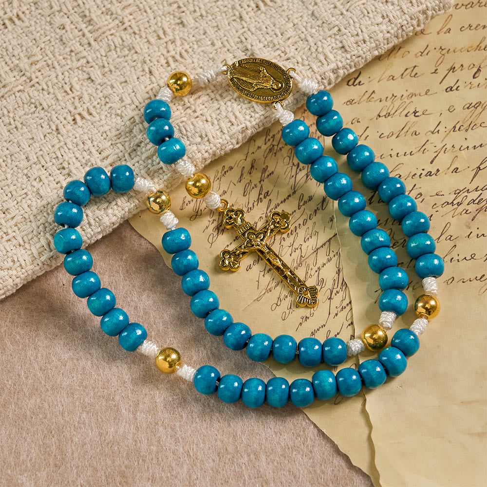 Christianartworkshop Chapelet en bois bleu avec médaillon de Notre-Dame : un symbole de grâce et de foi divine - image 3