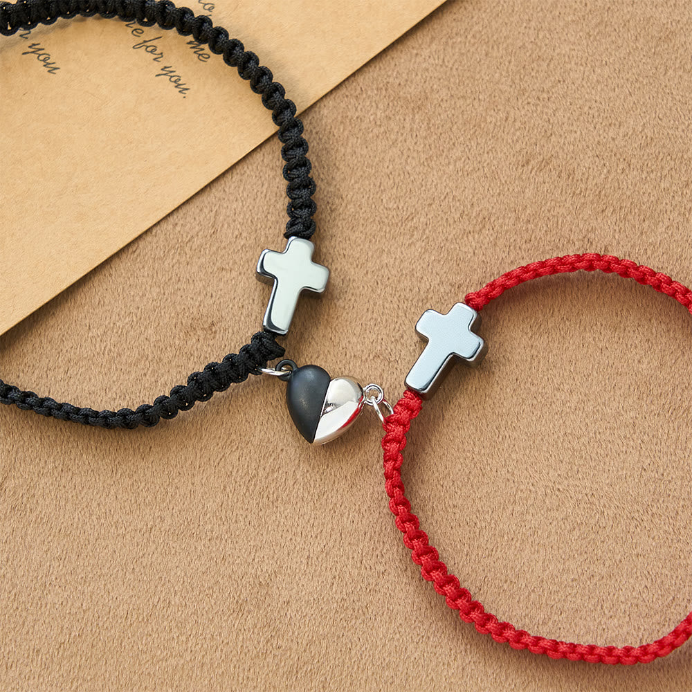 Christianartworkshop Ensemble de bracelets magnétiques en forme de cœur et de croix : symbole d’union sacrée et d’amour éternel - Rouge + Noir - image 0
