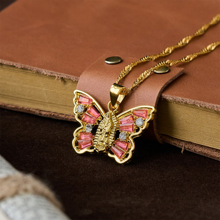 Christianartworkshop Collier Papillon Renaissance Spirituelle : Centre Notre-Dame et aile en cristal, chaîne torsadée - Rouge - image 4