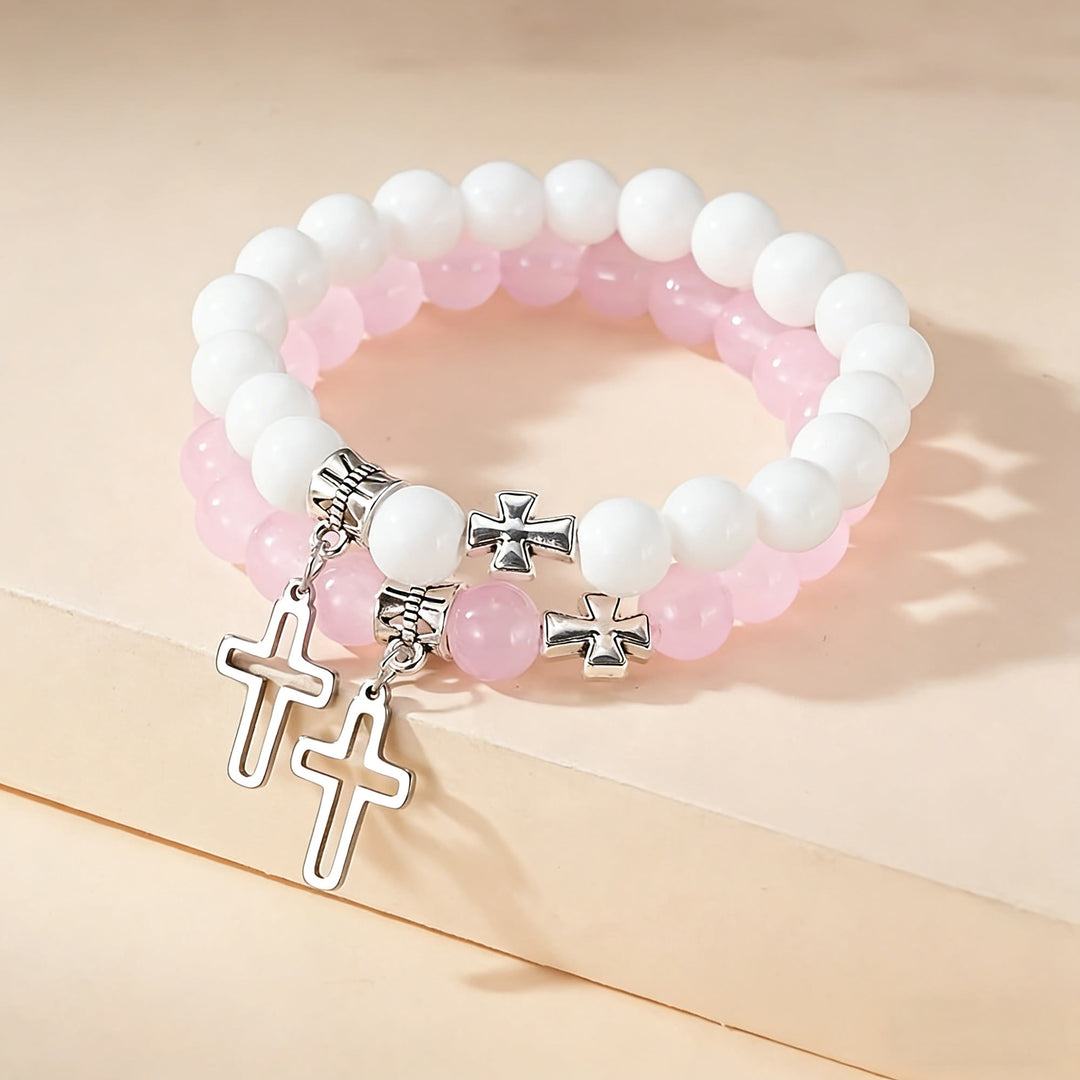 Christianartworkshop Bracelet à breloques croix bicolore : un symbole de foi à porter en toute circonstance - Rose et blanc - image 0