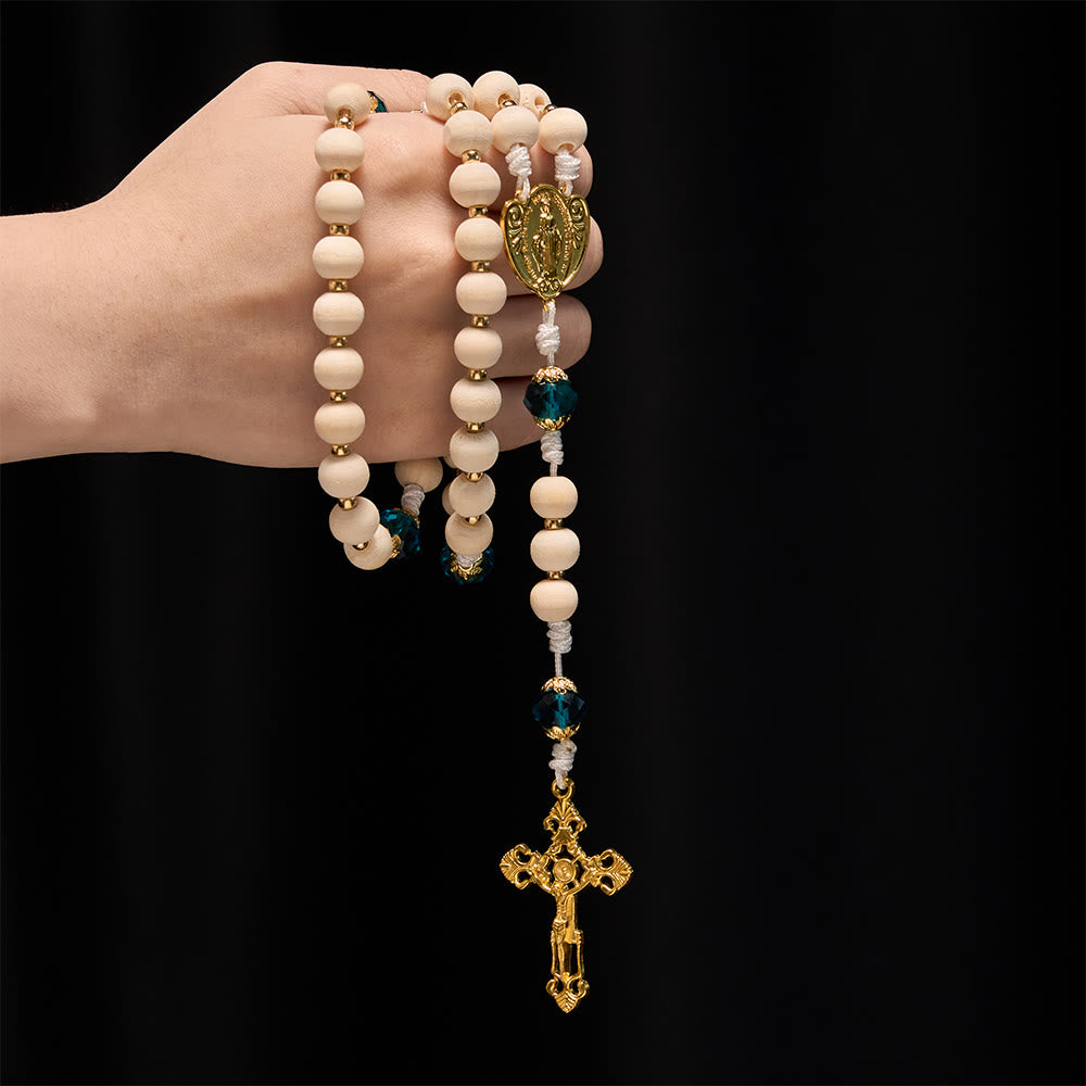 Christianartworkshop Chapelet en perles de bois Notre-Dame de Grâce avec des accents de perles bleu paon - image 1