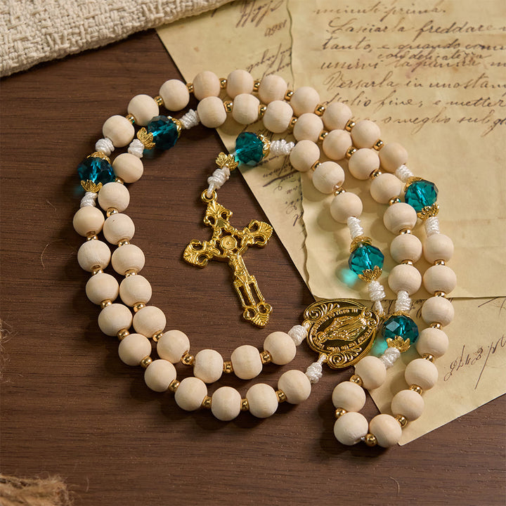 Christianartworkshop Chapelet en perles de bois Notre-Dame de Grâce avec des accents de perles bleu paon - image 2
