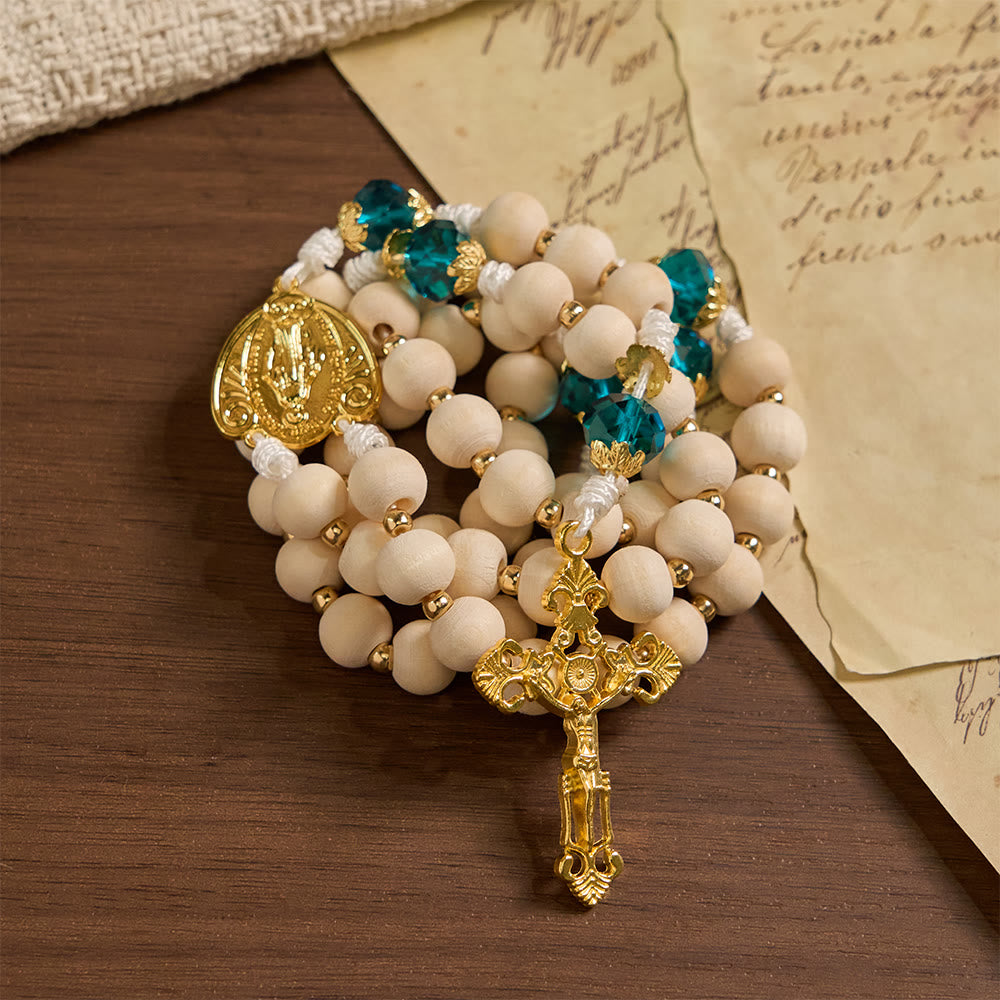 Christianartworkshop Chapelet en perles de bois Notre-Dame de Grâce avec des accents de perles bleu paon - image 4