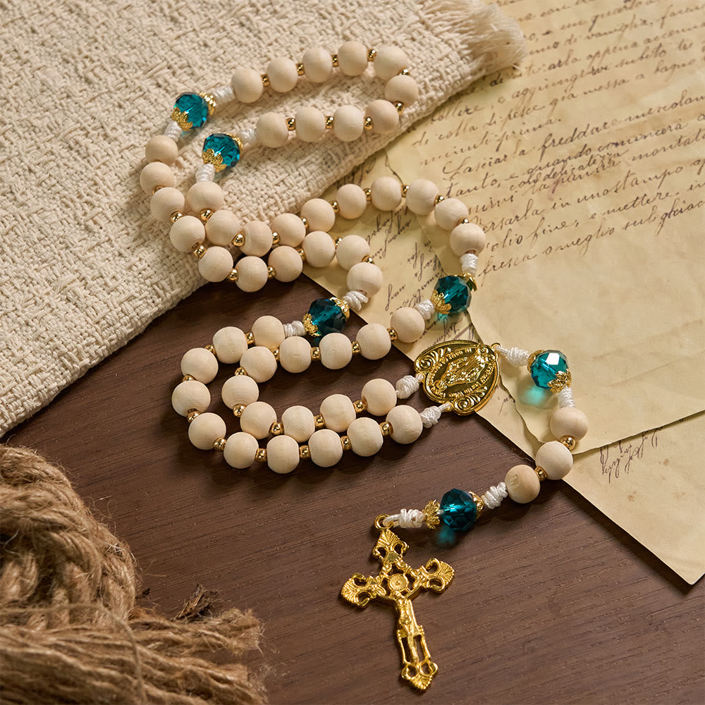 Christianartworkshop Chapelet en perles de bois Notre-Dame de Grâce avec des accents de perles bleu paon - image 3