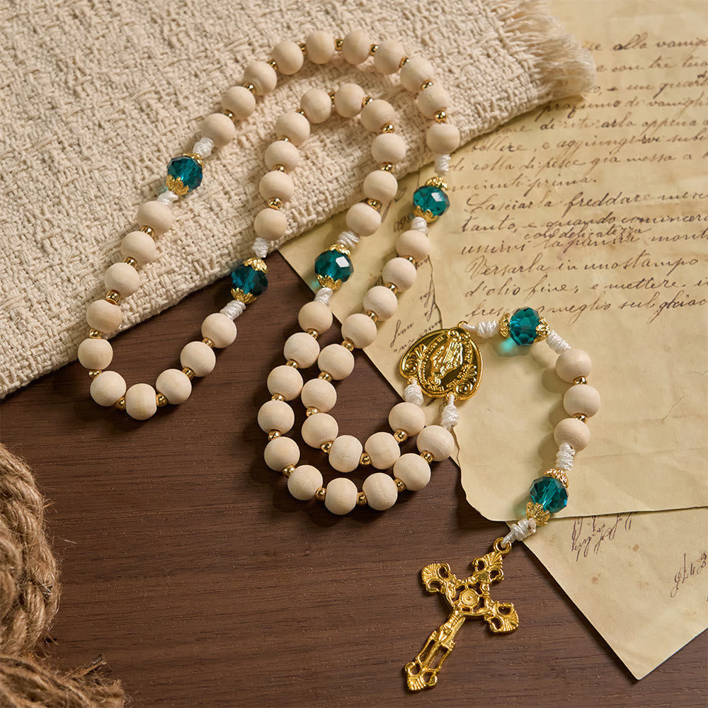 Christianartworkshop Chapelet en perles de bois Notre-Dame de Grâce avec des accents de perles bleu paon - Notre-Dame et le Crucifix - image 0