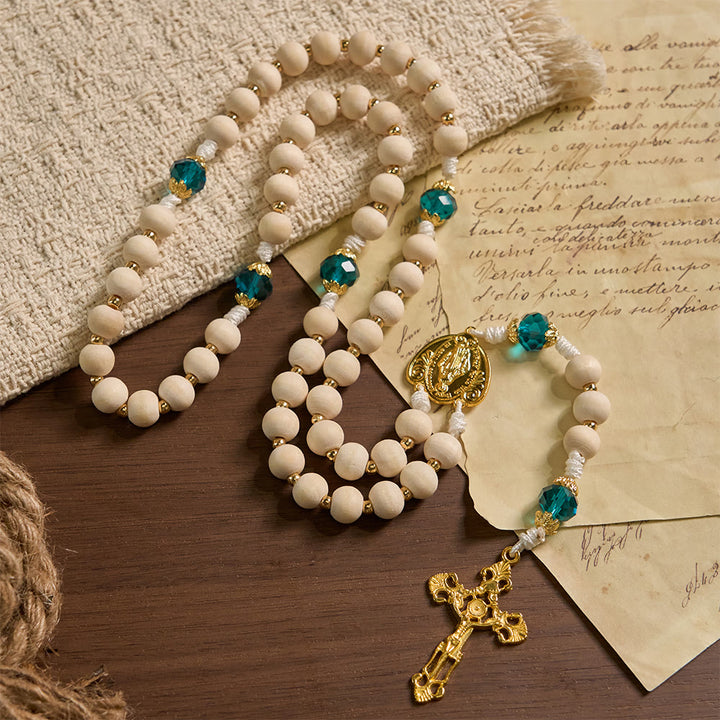 Christianartworkshop Chapelet en perles de bois Notre-Dame de Grâce avec des accents de perles bleu paon - Notre-Dame et le Crucifix - image 0