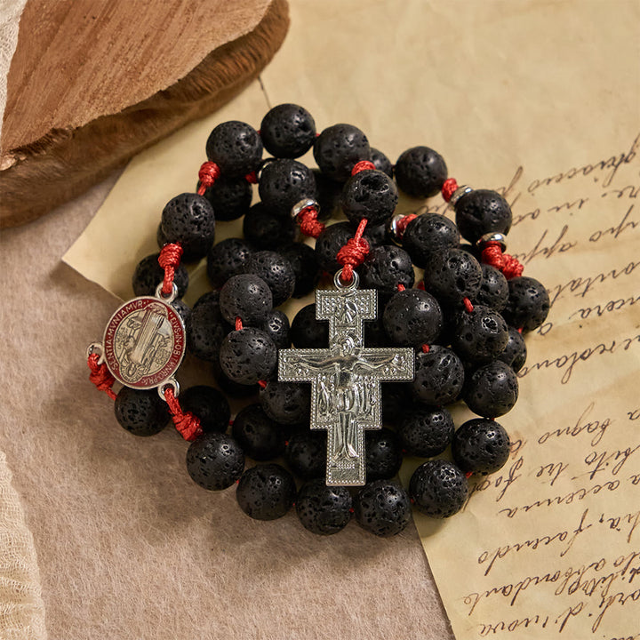 Christianartworkshop Chapelet byzantin en pierre volcanique avec crucifix de saint Benoît et de saint Damien - image 4