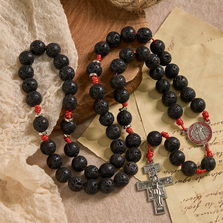 Christianartworkshop Chapelet byzantin en pierre volcanique avec crucifix de saint Benoît et de saint Damien - Saint Benoît et le Crucifix - image 0