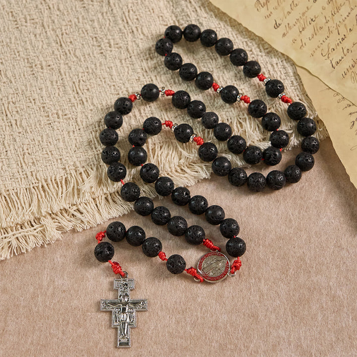 Christianartworkshop Chapelet byzantin en pierre volcanique avec crucifix de saint Benoît et de saint Damien - image 3