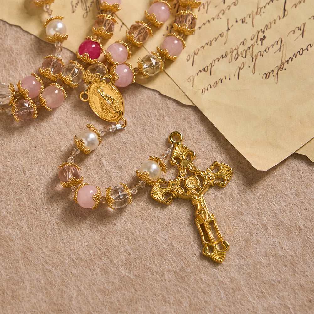 Christianartworkshop Chapelet de dévotion en verre rose avec médaille de Notre-Dame et crucifix : L’amour sacré tissé dans un artisanat élégant - image 7