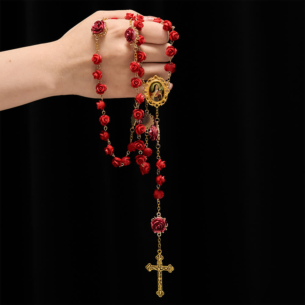 Christianartworkshop Chapelet de dévotion en perles de résine rose avec médaille de Notre-Dame et crucifix : Portez la lumière divine dans chaque pétale - image 1