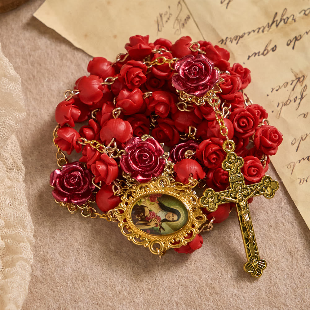 Christianartworkshop Chapelet de dévotion en perles de résine rose avec médaille de Notre-Dame et crucifix : Portez la lumière divine dans chaque pétale - image 2