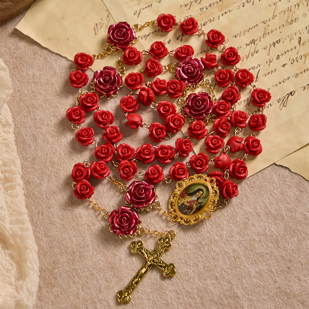 Christianartworkshop Chapelet de dévotion en perles de résine rose avec médaille de Notre-Dame et crucifix : Portez la lumière divine dans chaque pétale - Notre-Dame et le Crucifix - image 0