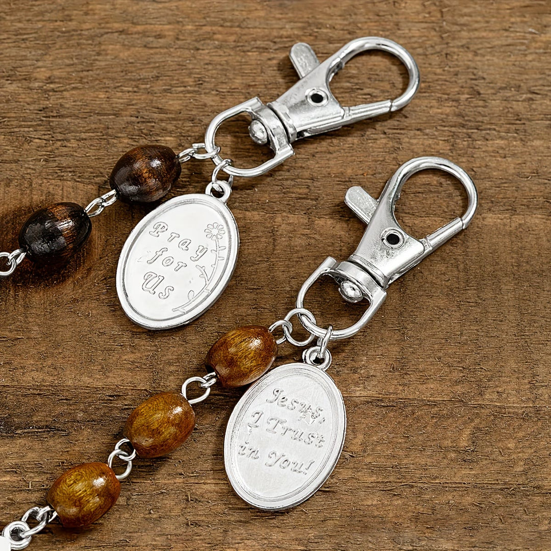 Christianartworkshop Porte-clés crucifix en perles de bois avec médaillon de Saint Gérard et Jésus : un symbole de protection et de bienveillance sacrées. - image 2
