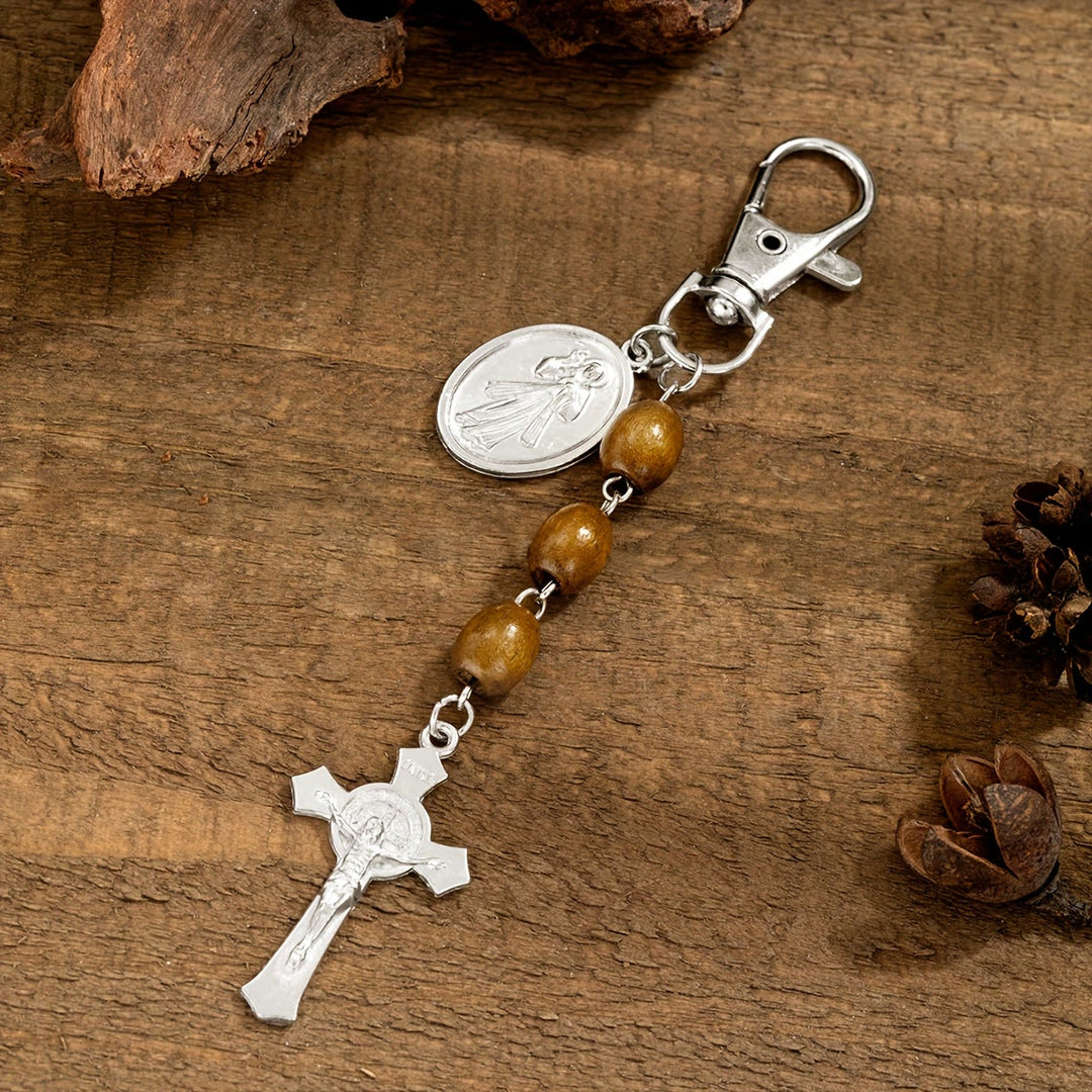 Christianartworkshop Porte-clés crucifix en perles de bois avec médaillon de Saint Gérard et Jésus : un symbole de protection et de bienveillance sacrées. - Jésus - image 4