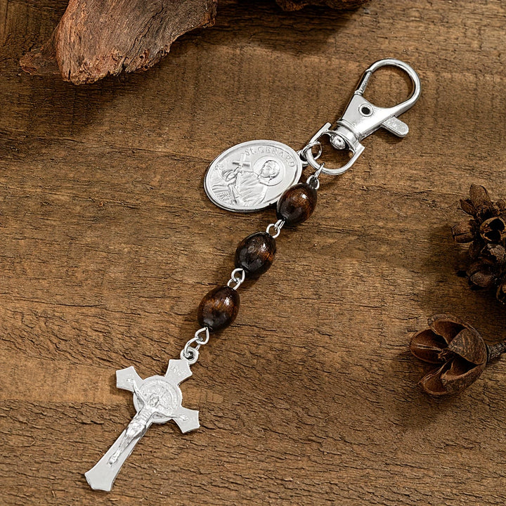 Christianartworkshop Porte-clés crucifix en perles de bois avec médaillon de Saint Gérard et Jésus : un symbole de protection et de bienveillance sacrées. - Saint Gérard - image 3